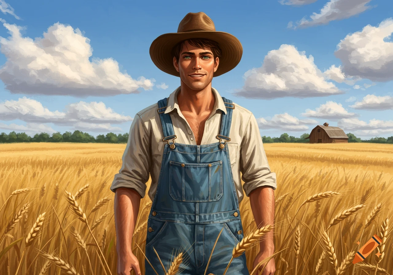 A handsome farmer in a hat and overalls with green eyes smiles in a golden wheat field under a blue sky with a barn.