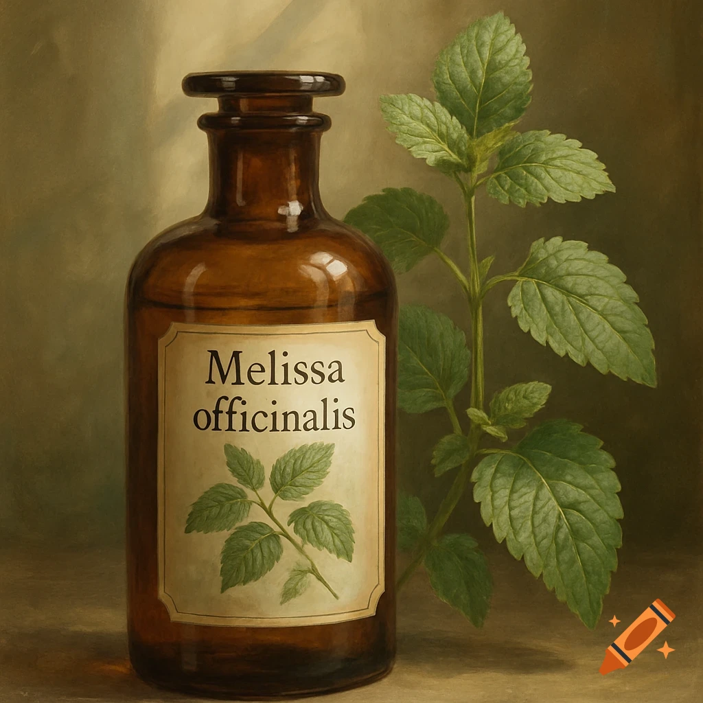 A still life painting of a brown glass bottle labeled 'Melissa officinalis' next to a fresh lemon balm plant.
