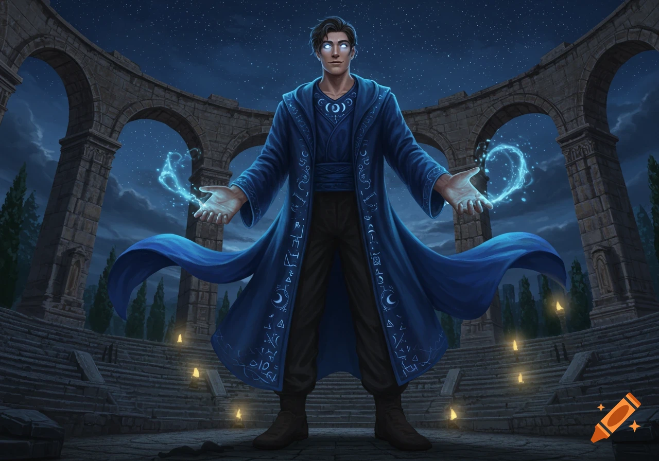 A male wizard with glowing eyes and hands casts blue magic in a ruined stone amphitheater under a starry night sky. He wears a dark blue robe adorned with mystical symbols.