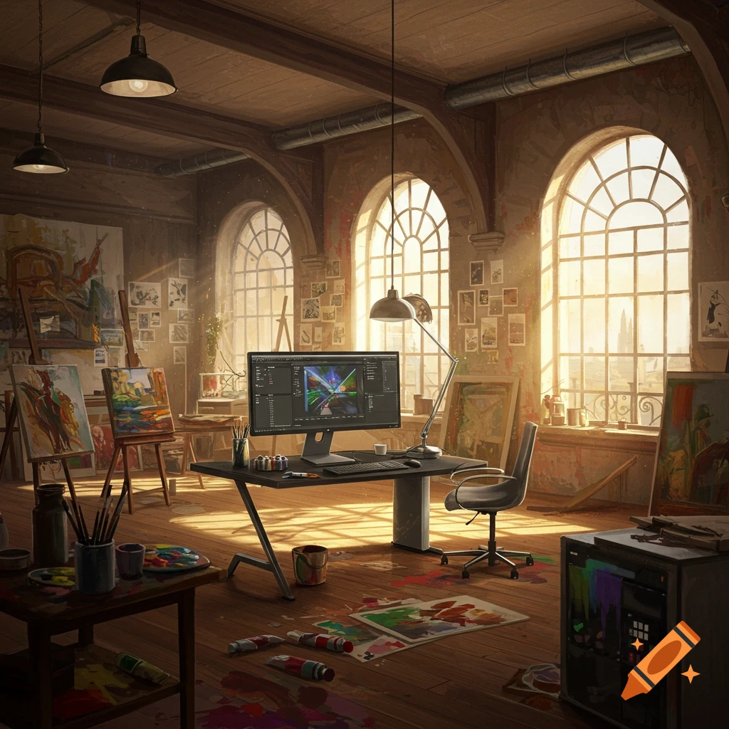 A sunlit art studio with easels, paint supplies, and a modern computer desk displaying digital art software.