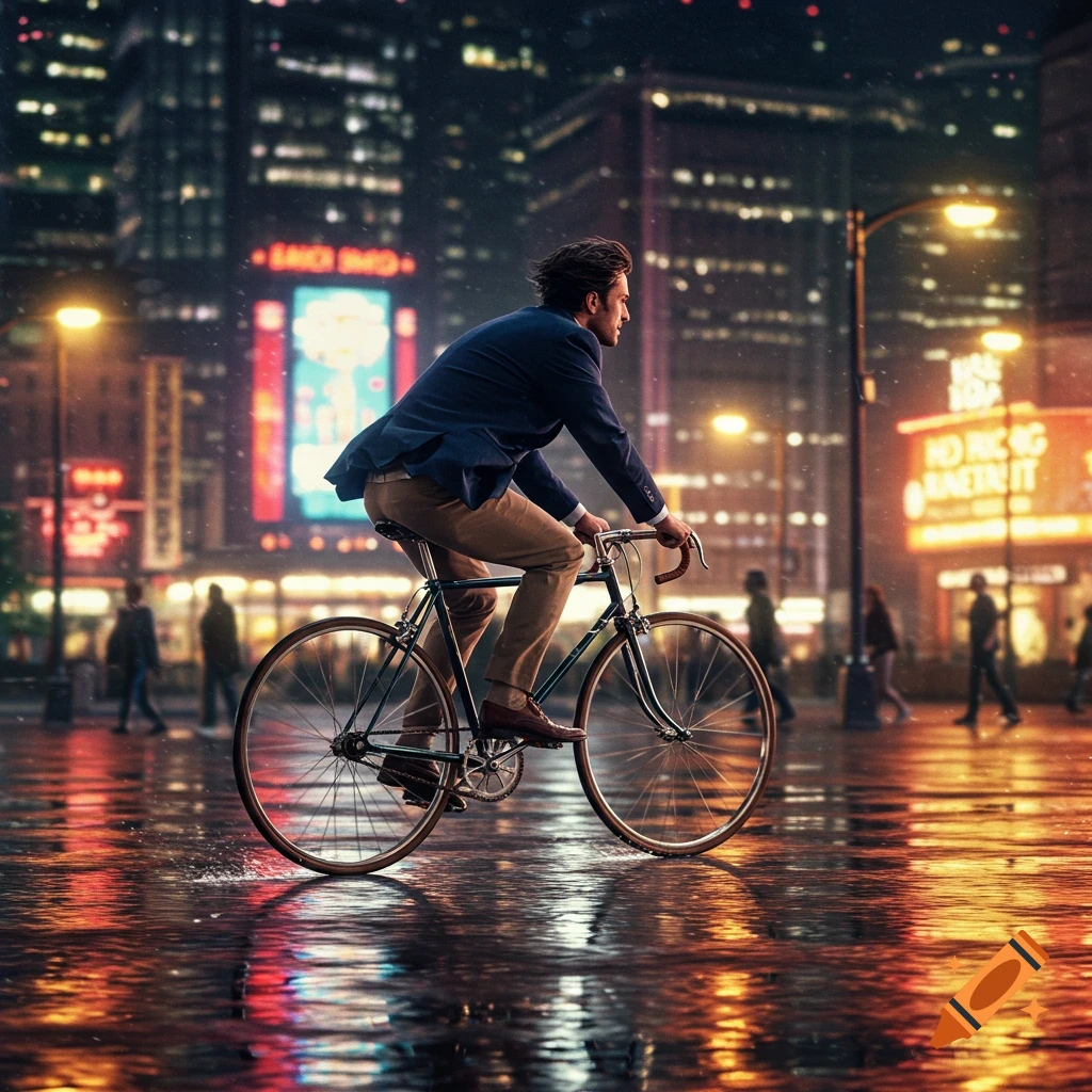 A man in a suit rides a bicycle down a wet city street at night, illuminated by neon lights and reflections.