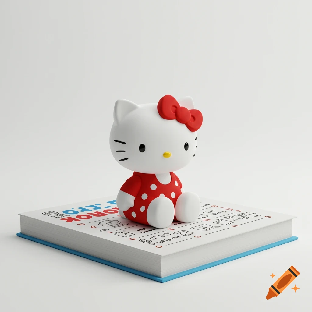 A Hello Kitty figurine in a red polka-dot dress with a red bow sits on a white book with blue pages against a white background.