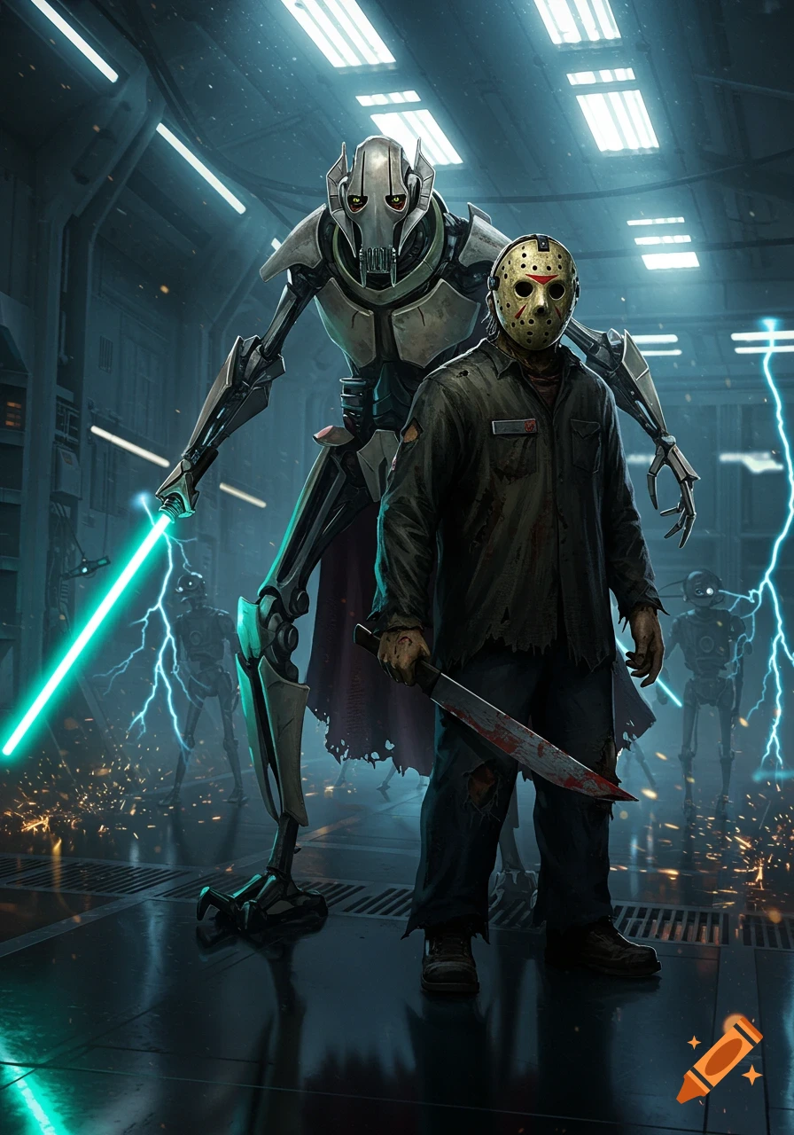 General Grievous and Jason Voorhees stand in a sci-fi corridor, Grievous with a lightsaber, Jason with a bloody machete.