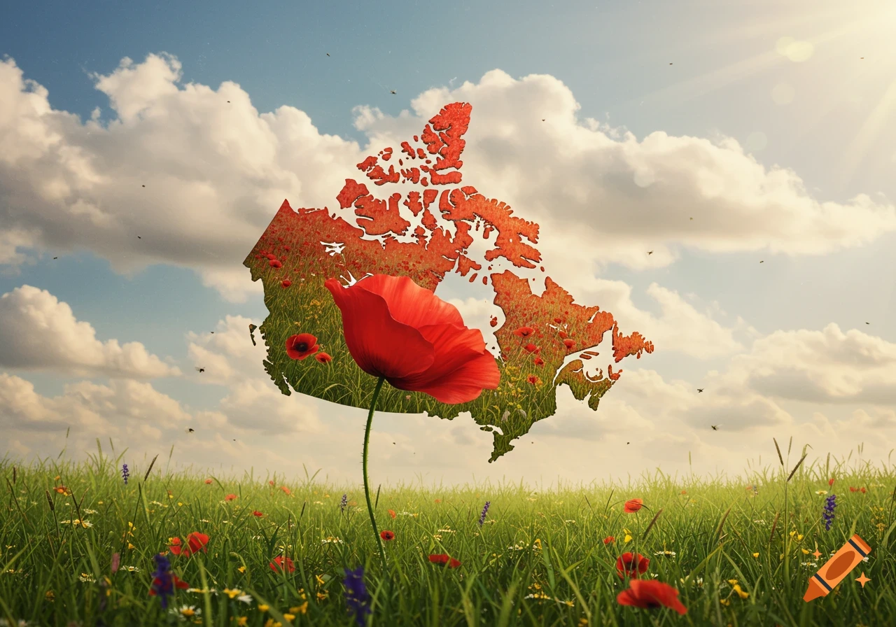 A large red poppy stands in a green field, with the map of Canada above, filled with smaller red poppies under a cloudy sky.
