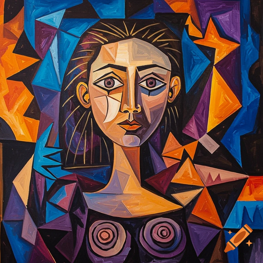 Cubist portrait of a woman with fragmented features and geometric shapes in vibrant colors.