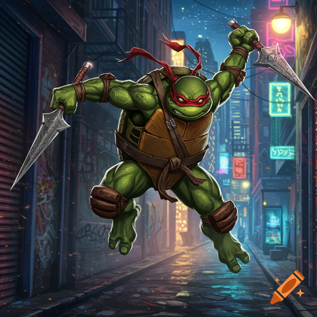 Raphael from Teenage Mutant Ninja Turtles jumps with two sai in a dark urban alley at night, comic art style.