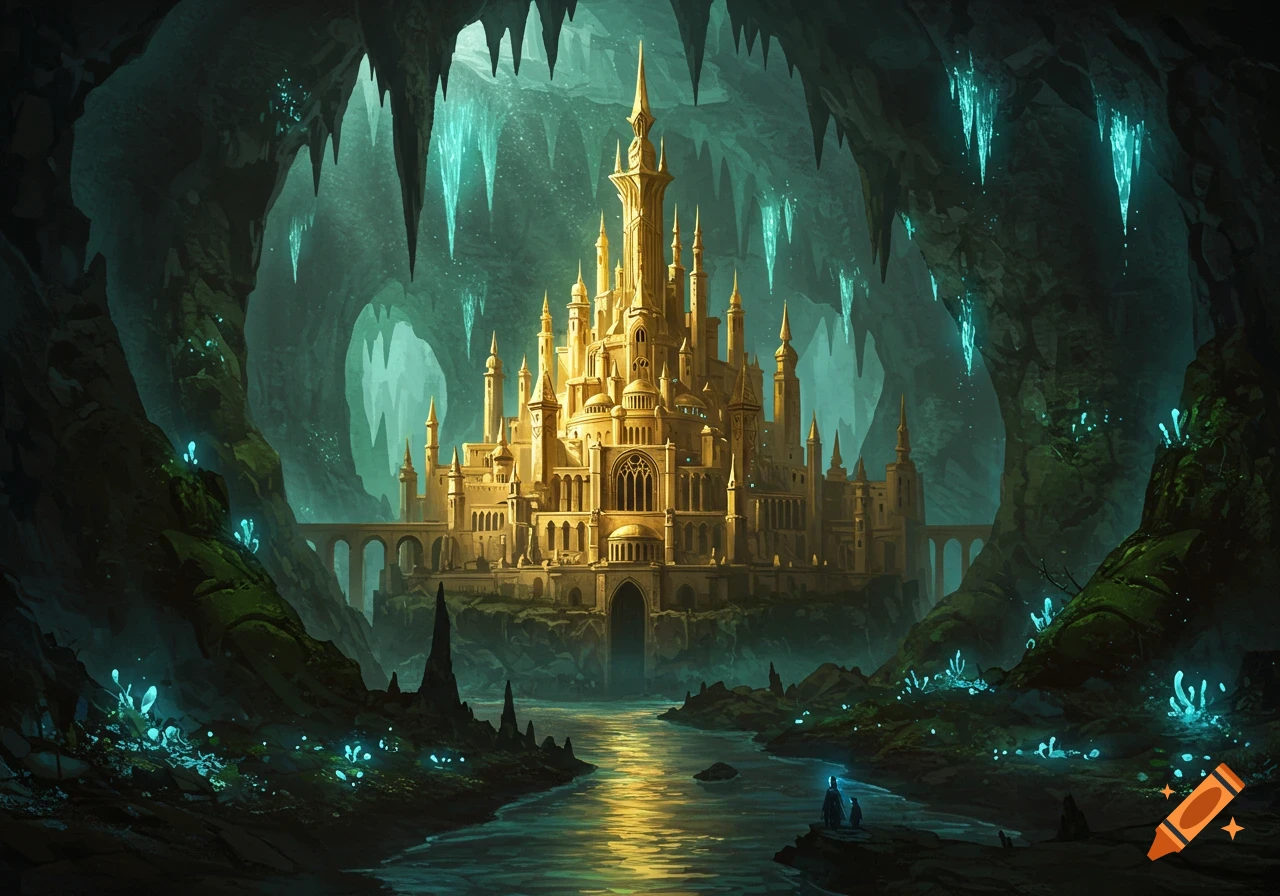 A magnificent golden citadel with numerous spires nestled within a vast underground cavern, illuminated by glowing blue ice formations, plants, and a reflective river.