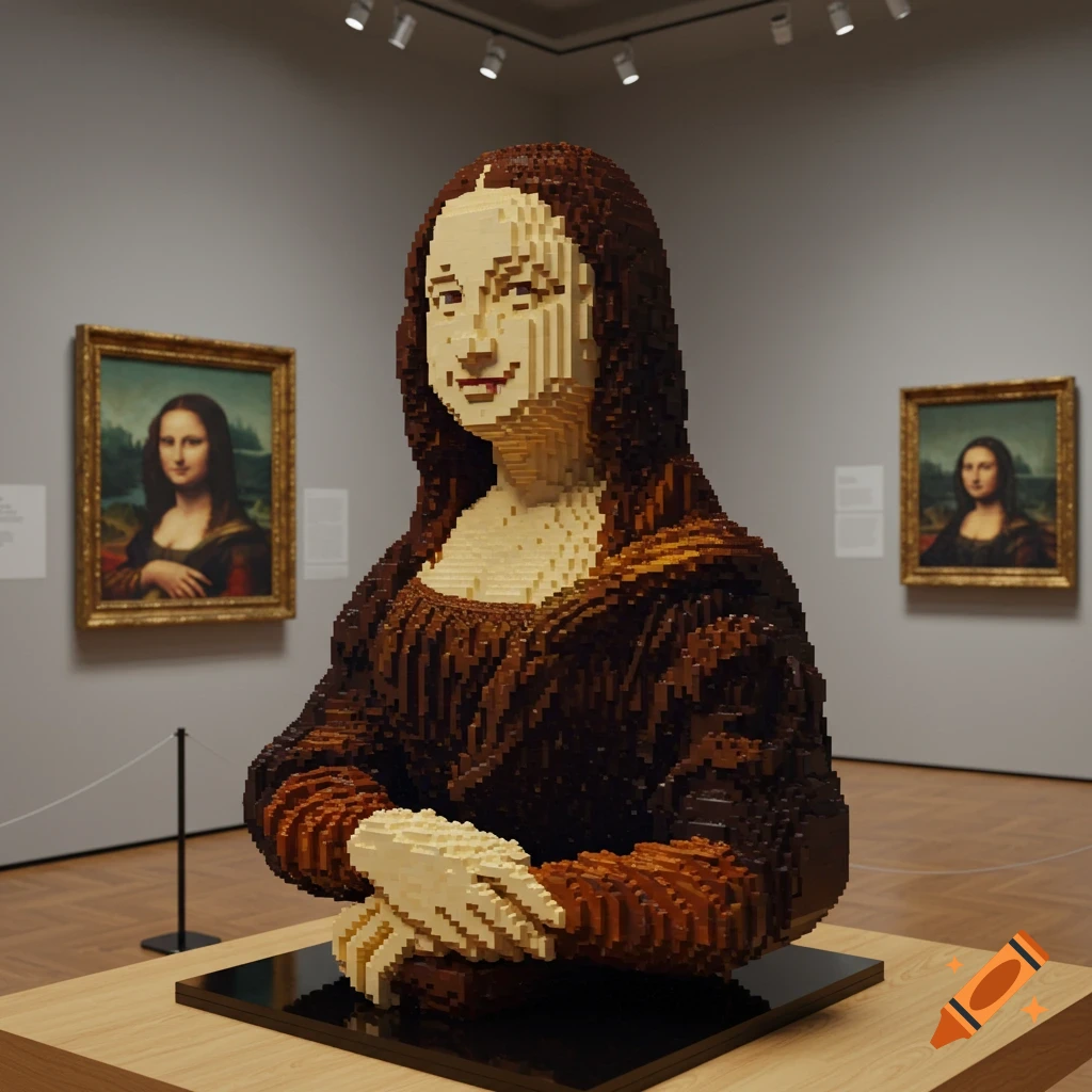 Lego brick sculpture of the Mona Lisa bust in a museum, with two paintings of the Mona Lisa in the background.