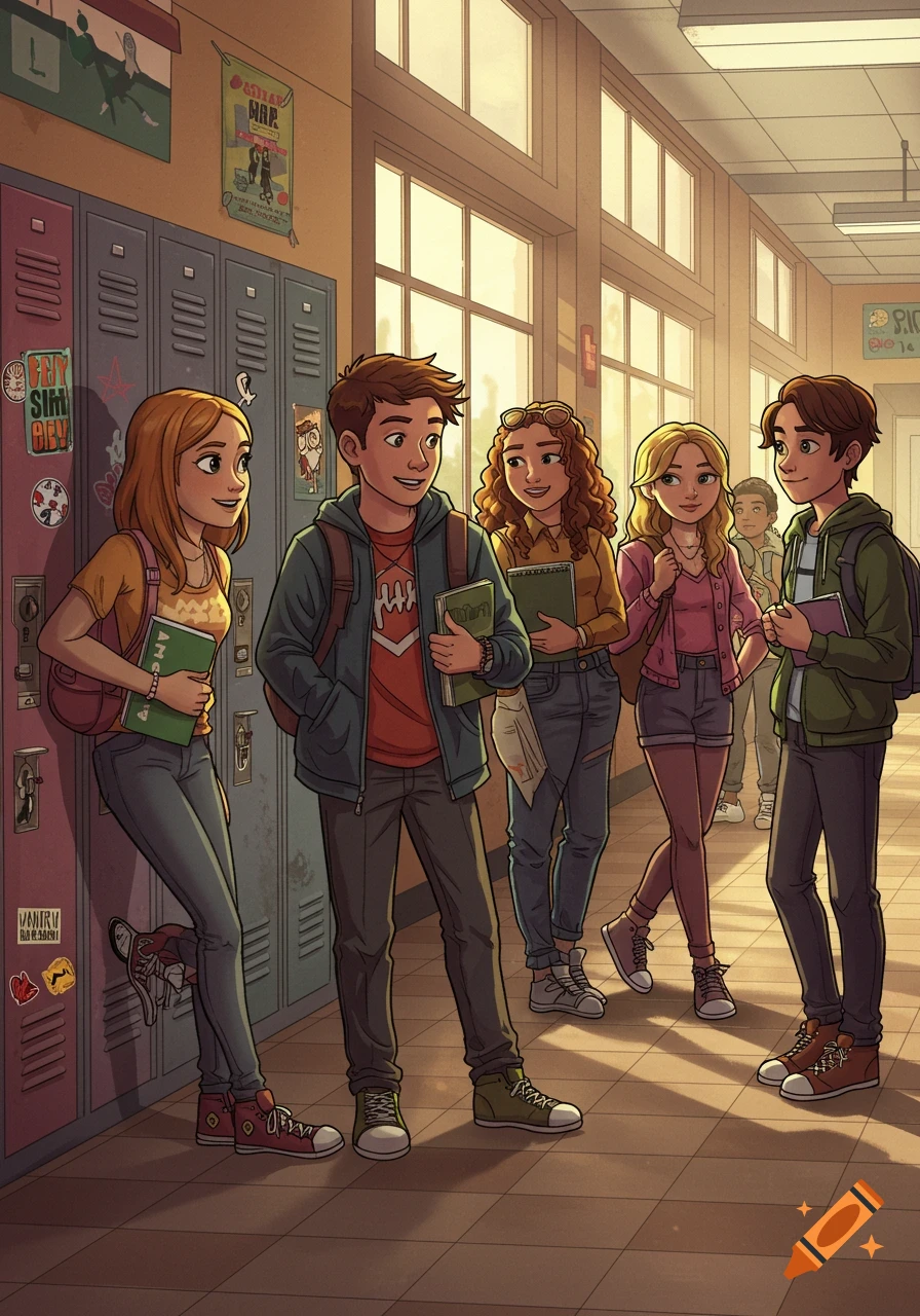 Illustration of five smiling teenage students holding books and talking in a sunlit school hallway with lockers.