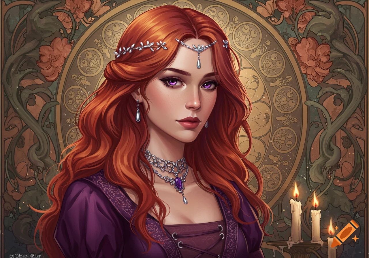 Young woman with auburn hair, violet eyes, in a purple medieval dress and jewelry, against an Art Nouveau background with candles.