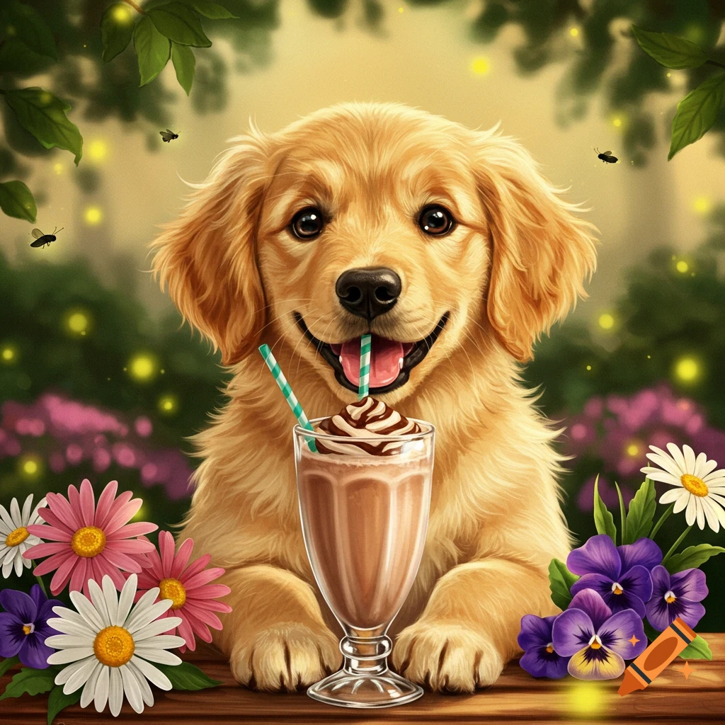 A cute golden retriever puppy smiles while drinking a chocolate milkshake with a straw, surrounded by colorful flowers in a garden.