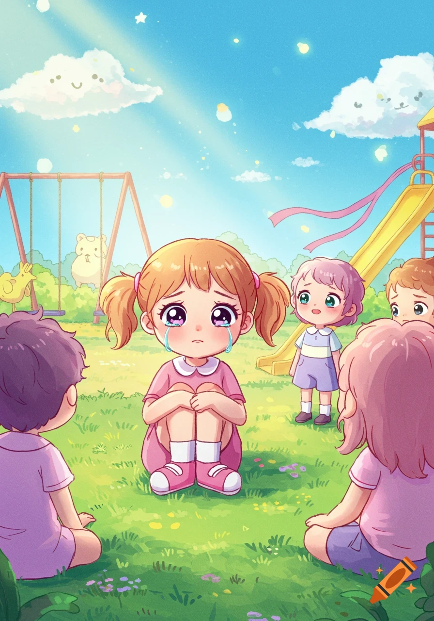 A sad cartoon girl with pigtails sits crying on a green playground while other children look on.