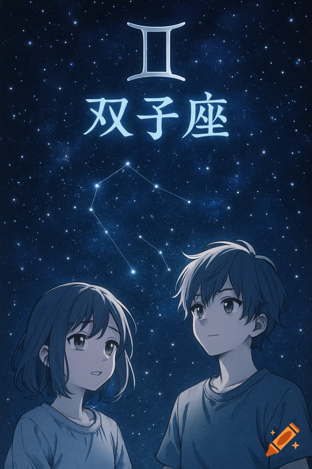 Two anime characters under a starry sky with the Gemini symbol, constellation, and Japanese text '双子座'.