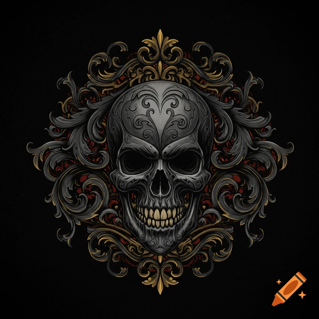 A detailed black, gray, gold, and red illustration of a stylized skull surrounded by ornate gothic scrollwork.