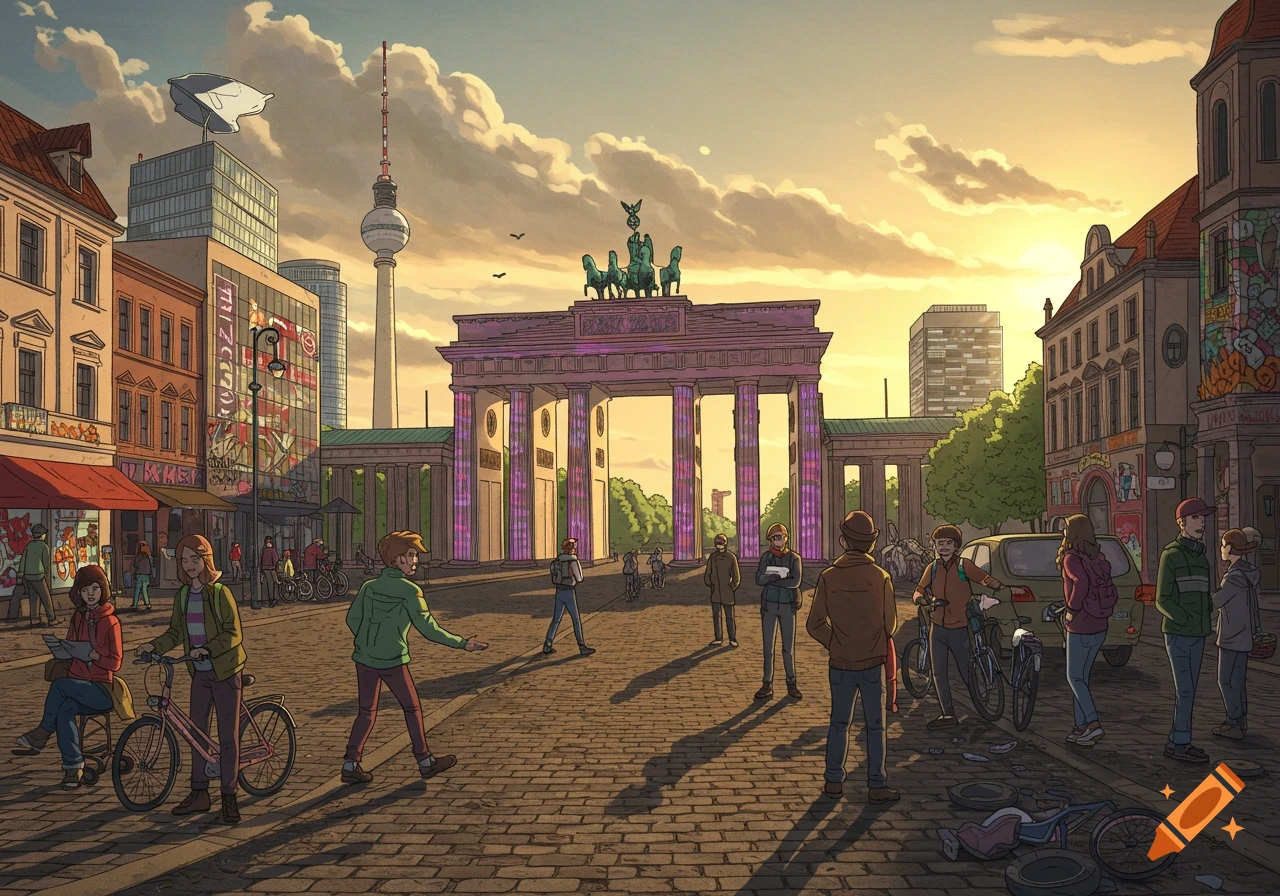 Cartoon illustration of the Brandenburg Gate and Berlin TV Tower at sunset, with people on a cobblestone street.