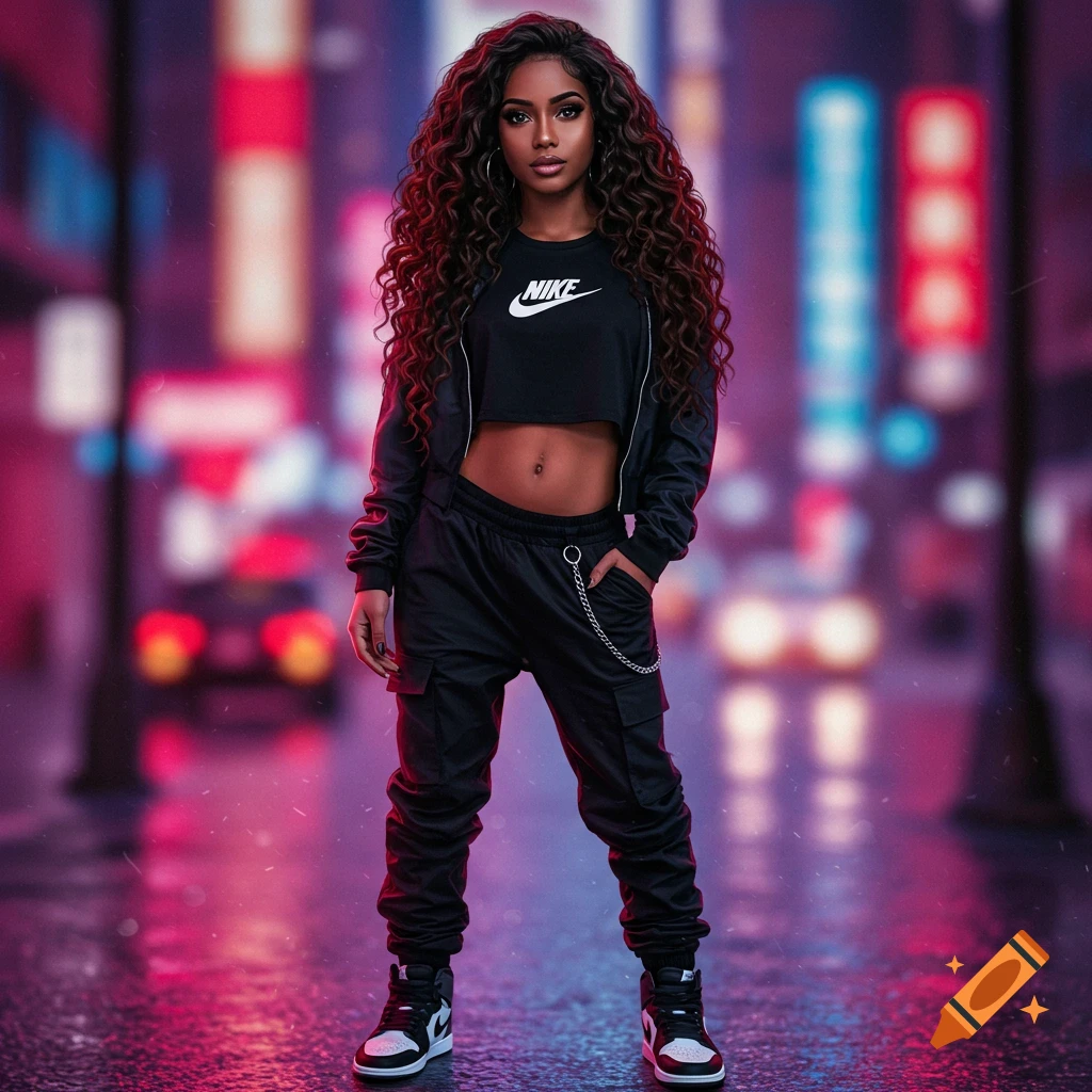 Photorealistic portrait of a woman with curly hair wearing a Nike crop top and cargo pants on a neon-lit city street.