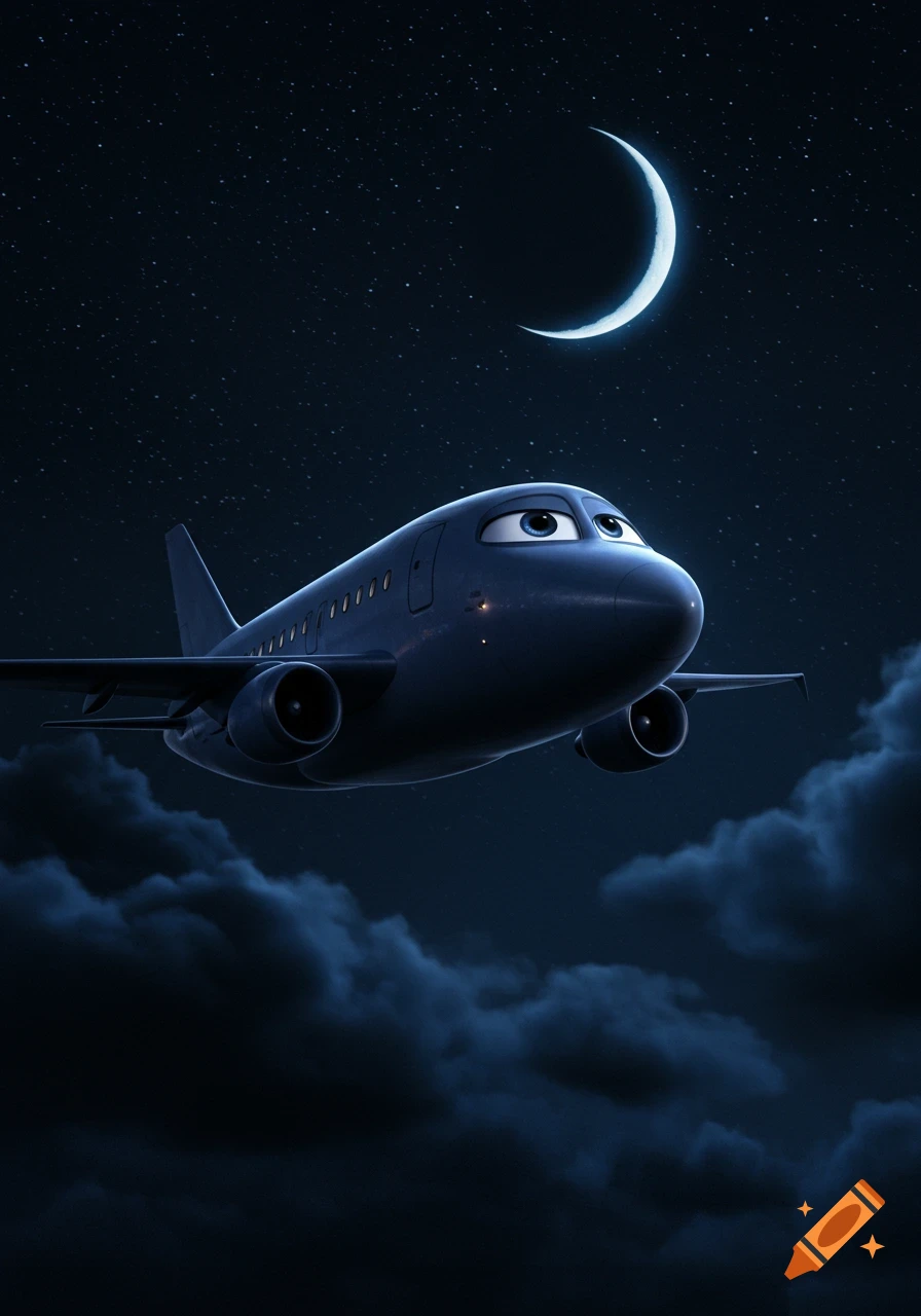 A cute cartoon airplane with large eyes flies in a dark night sky under a crescent moon, surrounded by dark clouds in Pixar animation style.