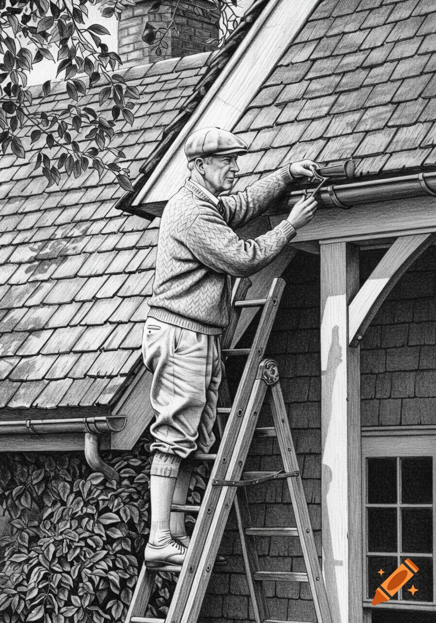 Black and white pencil drawing of an older man in knickers on a ladder repairing a house gutter.