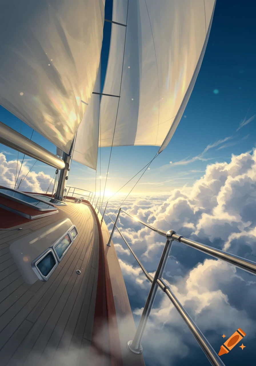 A sailboat with white sails soars high above a sea of clouds towards a bright sunrise.