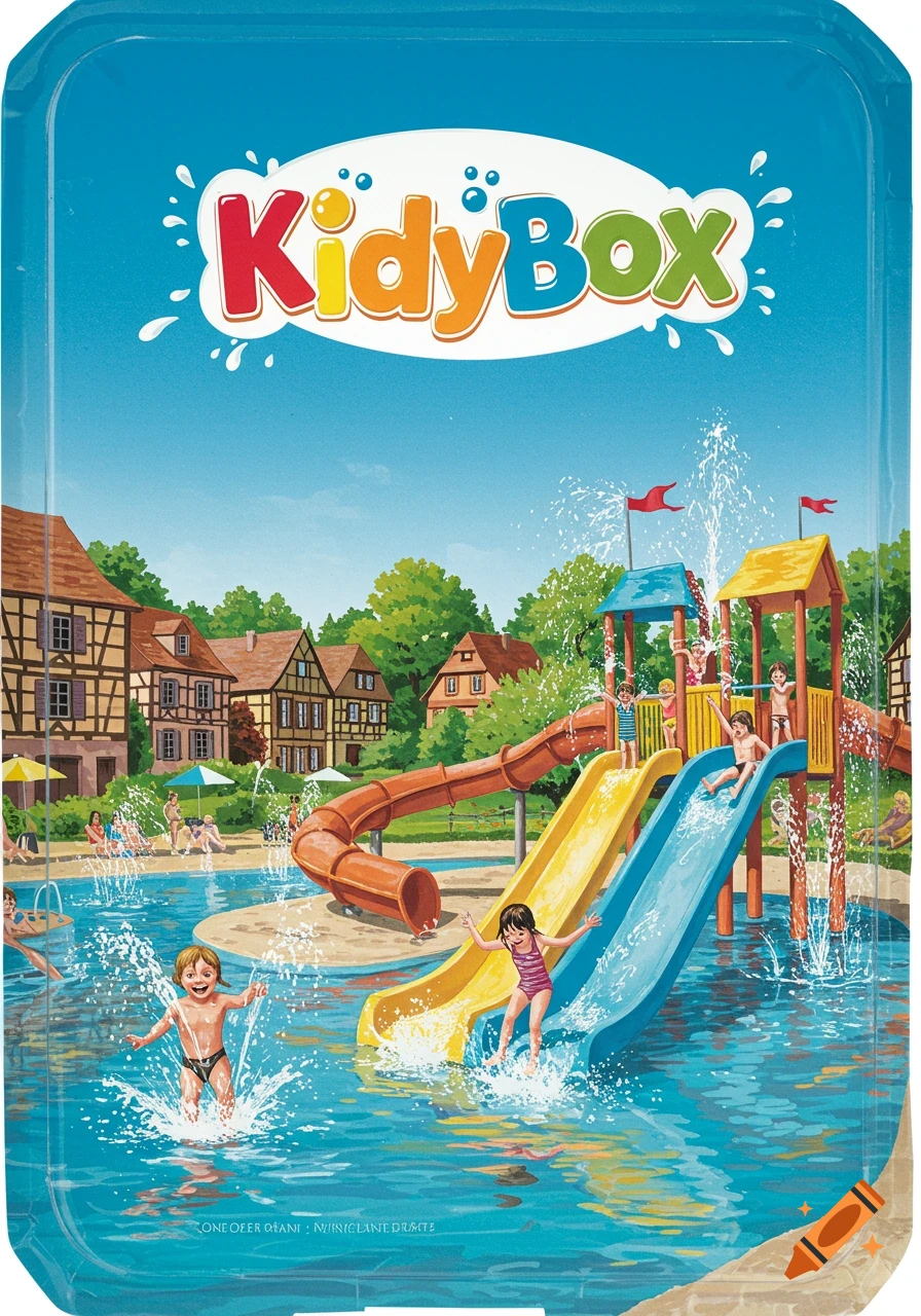 Cartoon illustration of a KidyBox with children playing in a water park featuring slides, water jets, and half-timbered houses.