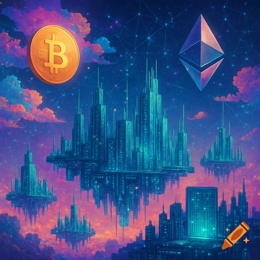 A surreal fantasy landscape with glowing blue futuristic cities floating amidst pink and purple clouds, with a golden Bitcoin coin and an Ethereum symbol in the starry sky.