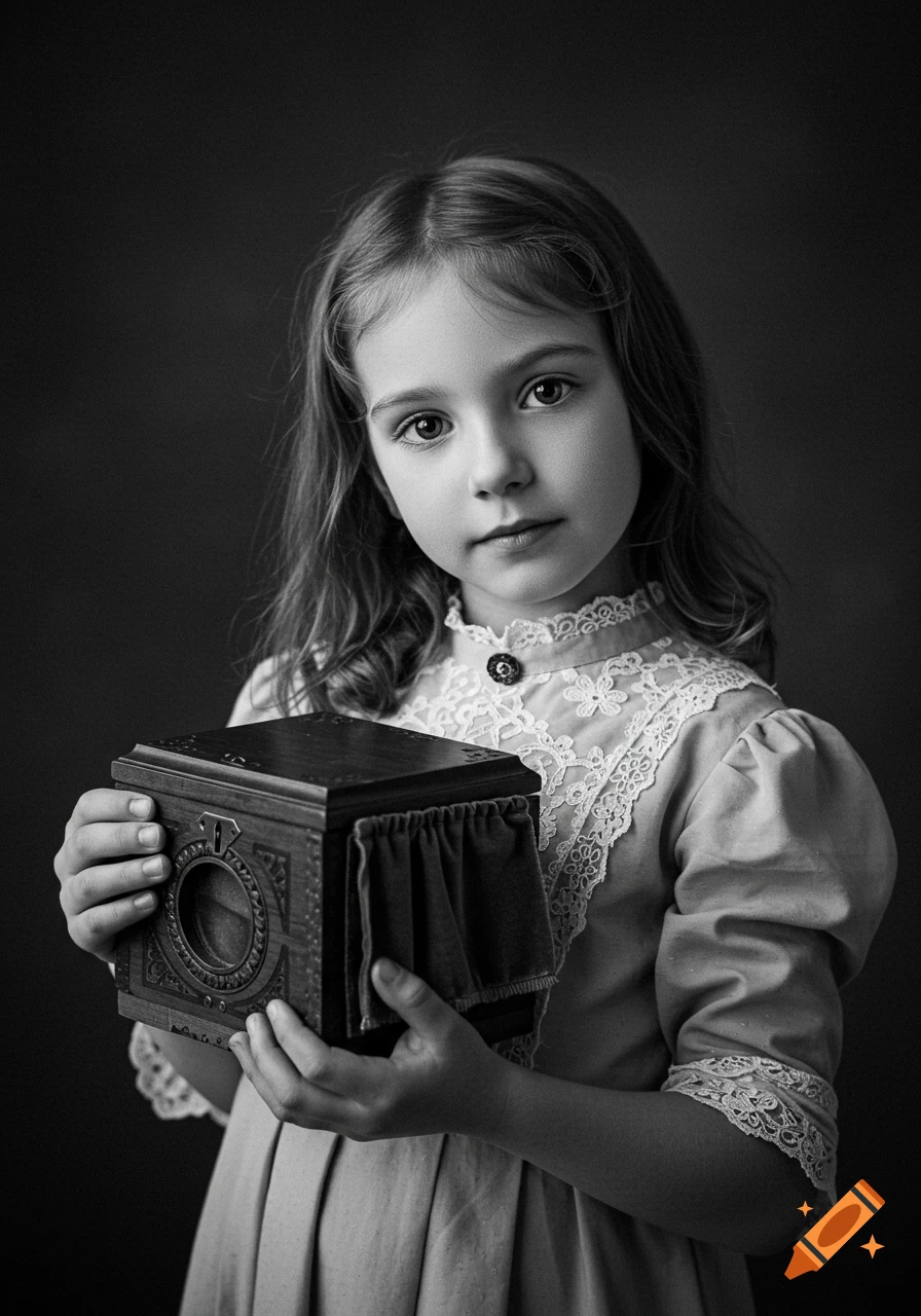 A young girl in a lace-trimmed dress holds a vintage wooden box in a black and white portrait.