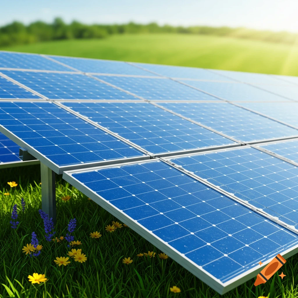 Close-up of solar panels in a lush green field with wildflowers under bright sunlight, emphasizing clean energy.