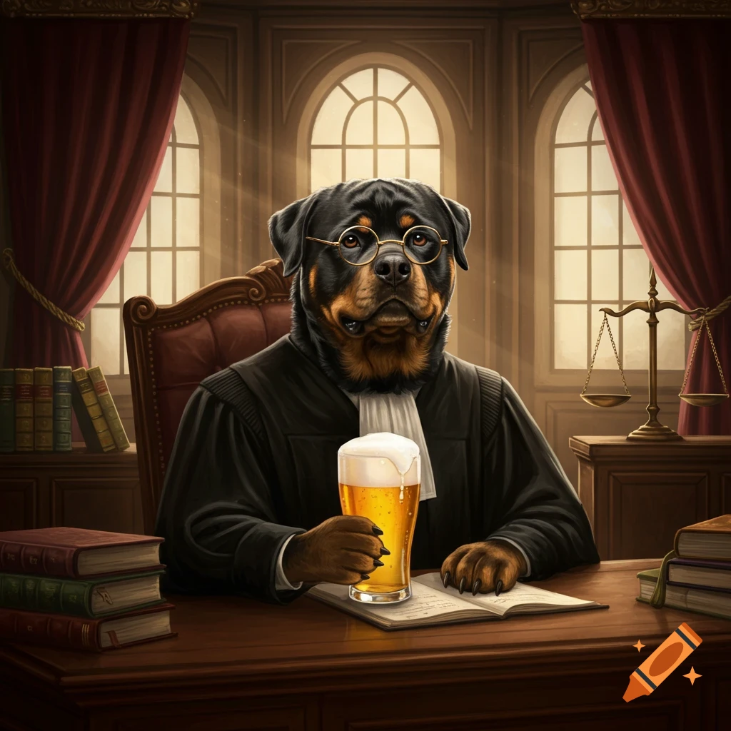 A Rottweiler judge wearing glasses and a black robe sits at a wooden desk in a stately room, holding a glass of beer.
