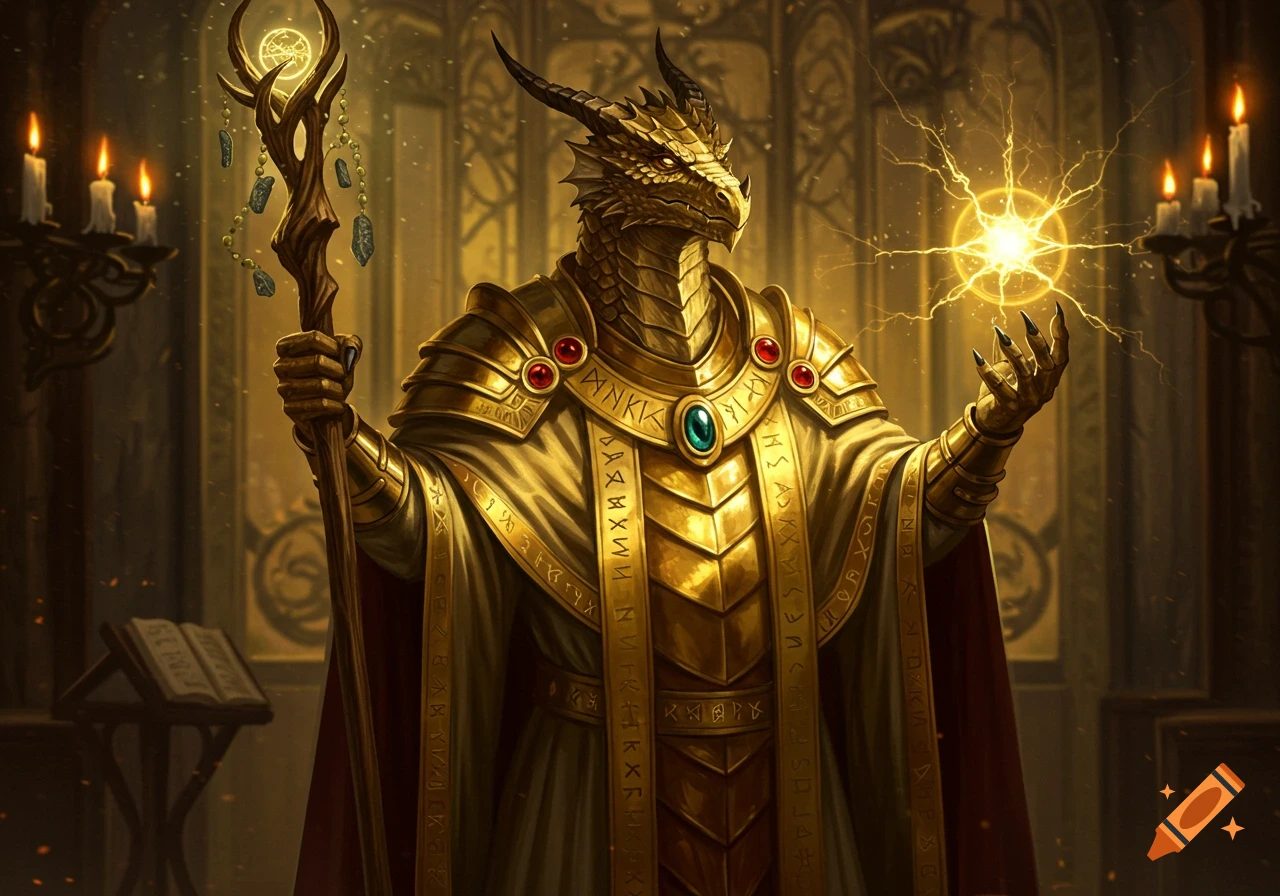 A gold-scaled dragonborn wizard in ornate golden armor and robes holds a glowing staff and casts a spell with sparkling light.