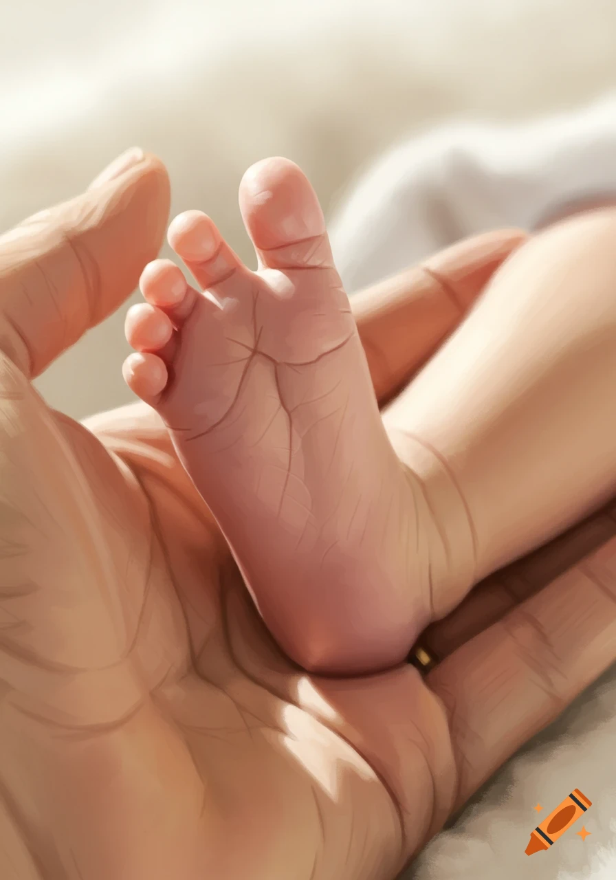 Close-up of a tiny baby's foot resting gently in the palm of an adult's hand, rendered in a realistic style.
