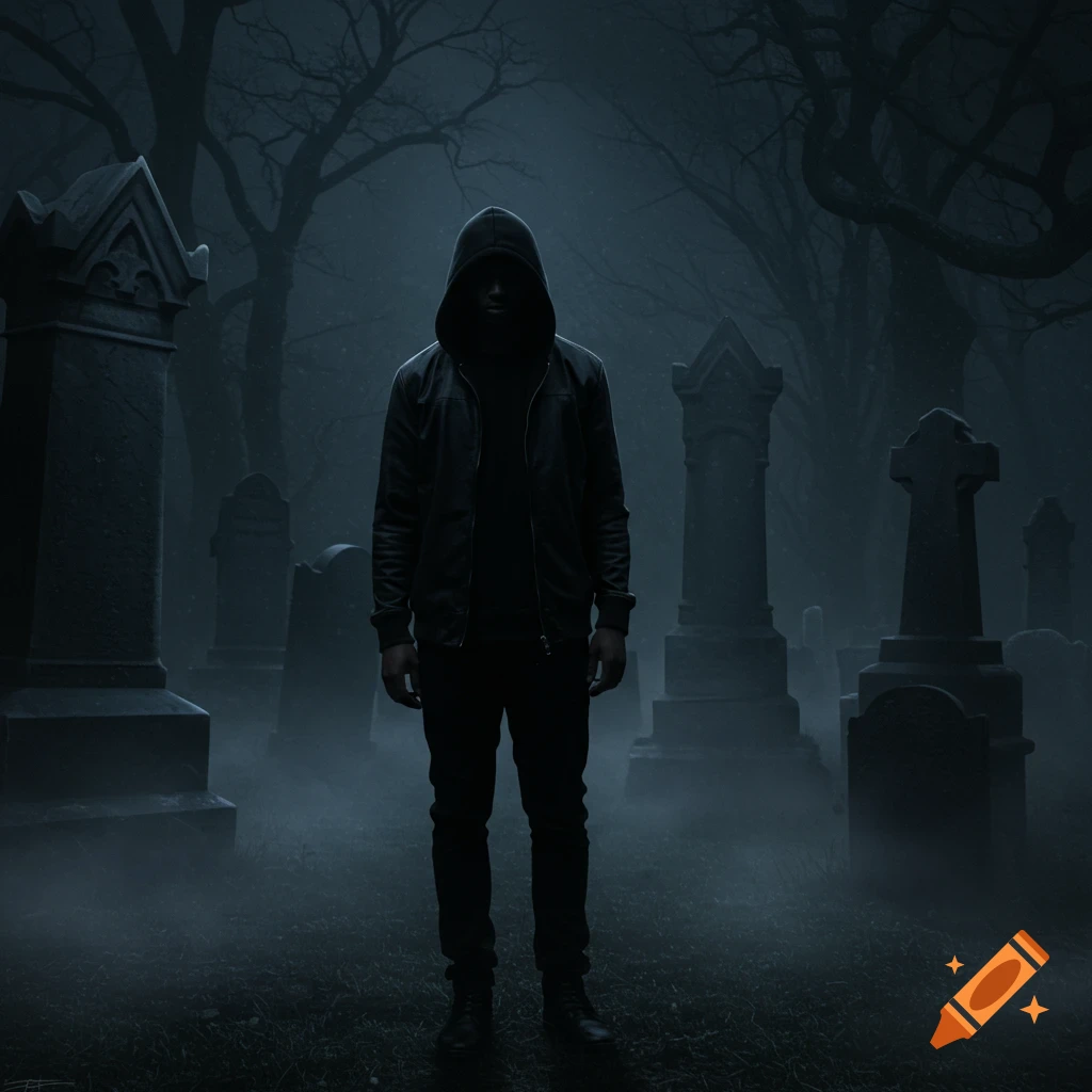 A hooded man stands in a dark, foggy cemetery surrounded by gravestones.