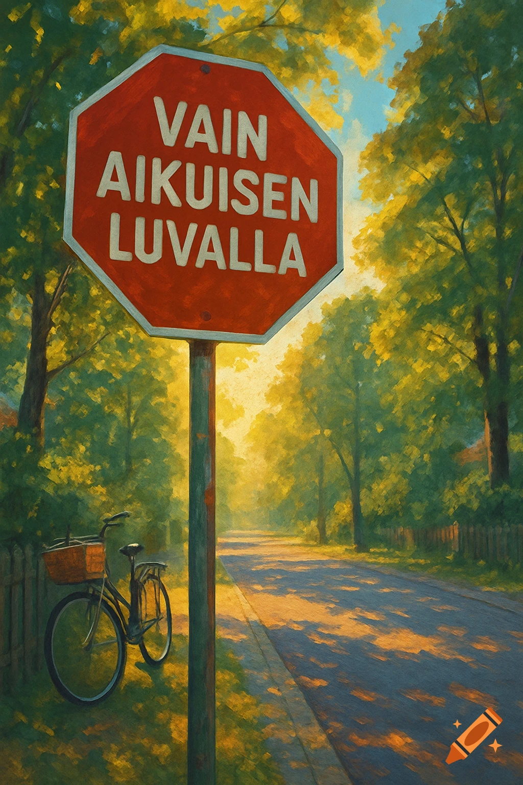 Painterly image of a red stop sign with Finnish text "Vain Aikuisen Luvalla" on a sunlit road, a bicycle nearby.