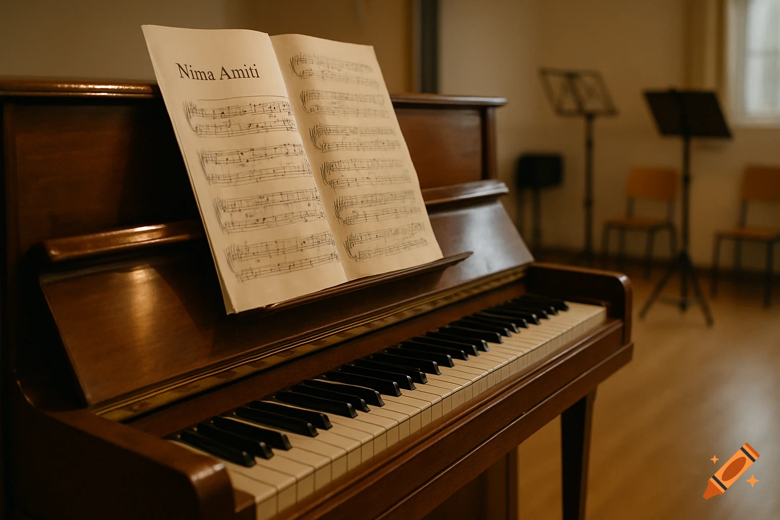 A close-up of a wooden piano with sheet music displaying "Nima Amiti" on its stand, in a softly lit music room.