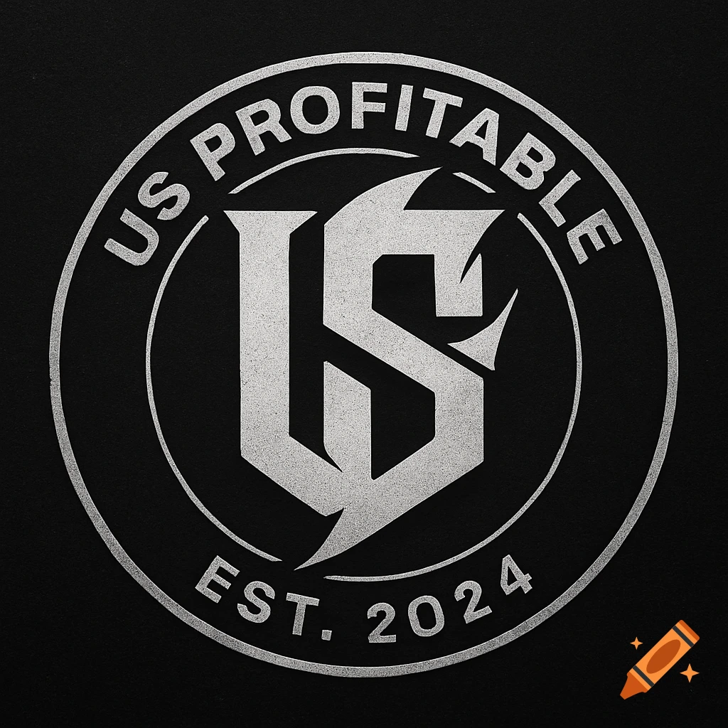 Circular silver logo on a black background with 'US PROFITABLE' on top, 'EST. 2024' on the bottom, and an interlocked 'US' monogram in the center.