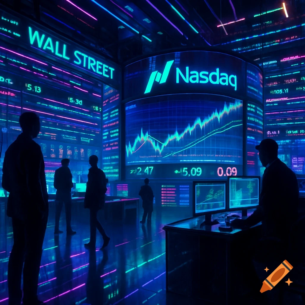 Futuristic, neon-lit trading floor with 'WALL STREET' and 'Nasdaq' signs, stock charts, and silhouetted traders.