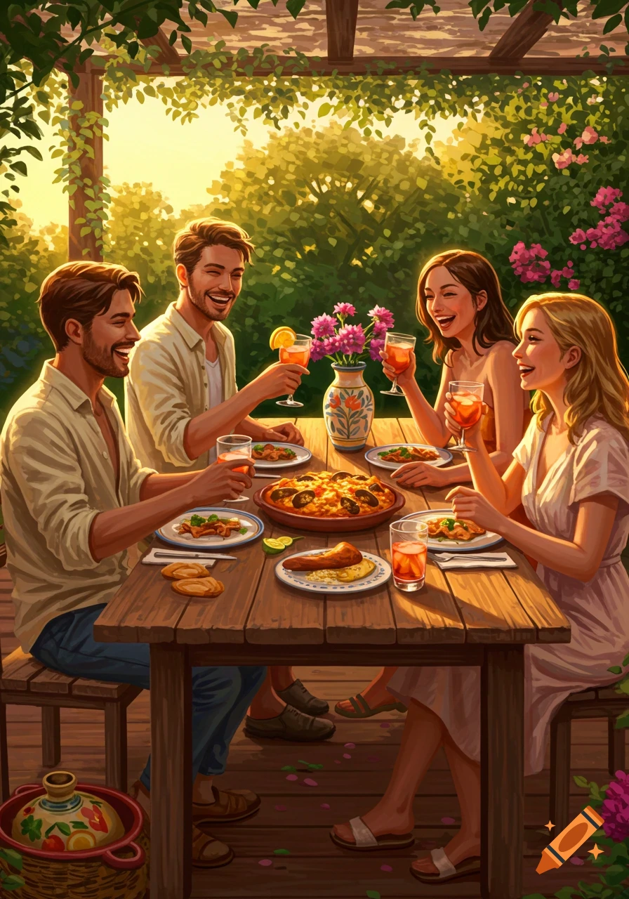 Four friends enjoying an outdoor meal with drinks on a sunny patio, in an illustrative style.