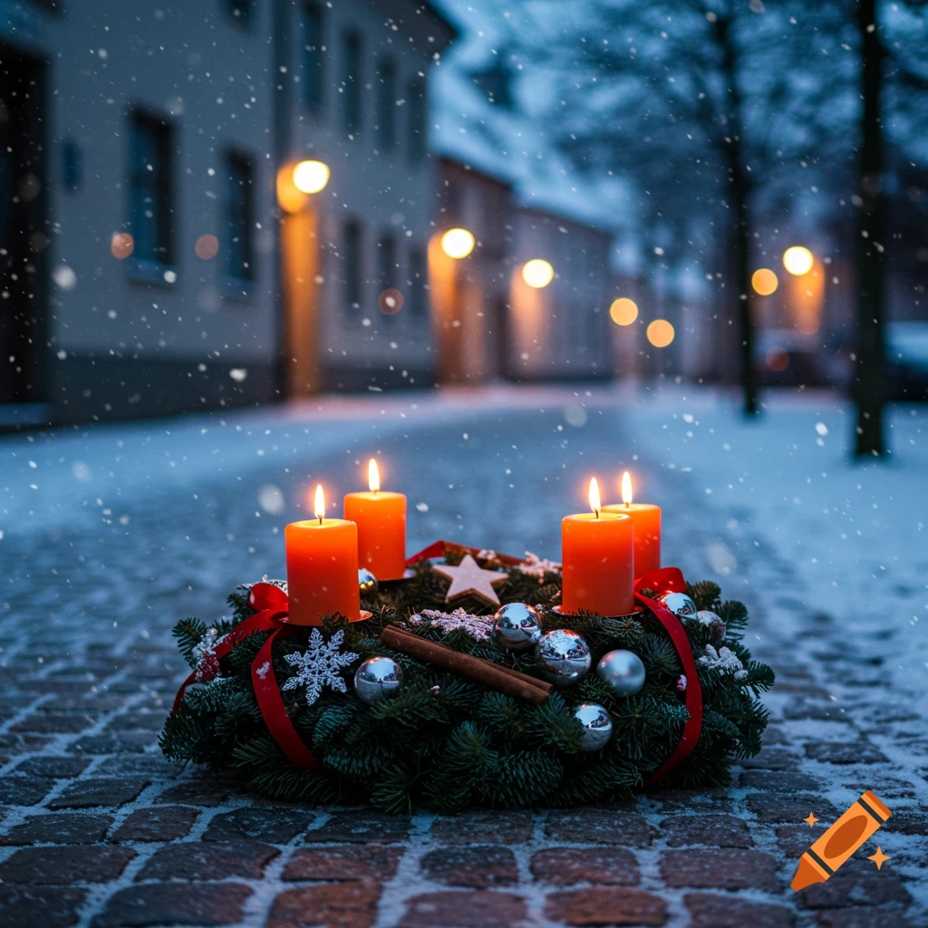 Decorated Advent wreath with four lit candles on a snowy cobblestone street at dusk, with snow falling.