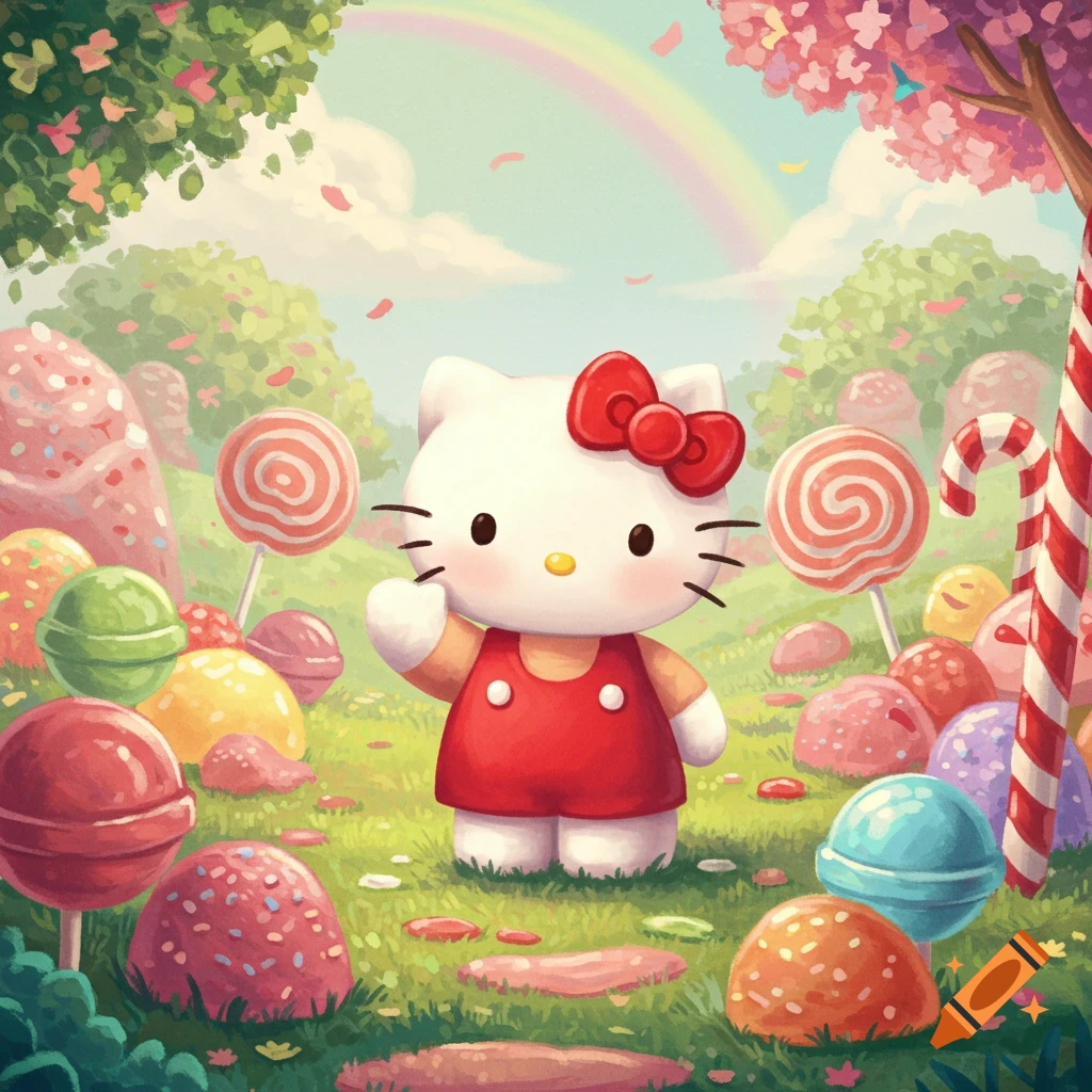 Hello Kitty in a whimsical candy land with lollipops, candy canes, and colorful sweets under a rainbow.