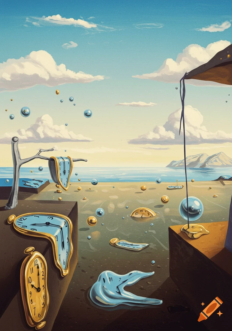 A surreal landscape with melting clocks draped over a branch and a platform, floating in water, with a sea and distant mountains under a cloudy sky.