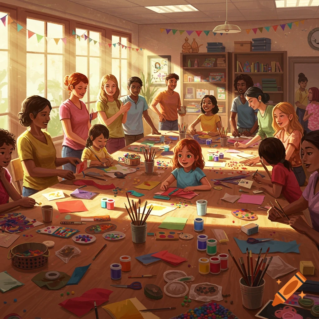 Diverse group of adults and children crafting together at a large table in a sunlit room, surrounded by art supplies.