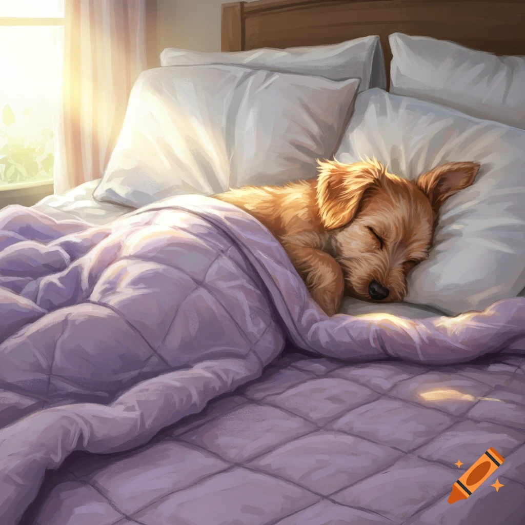 A cute brown puppy sleeps soundly under a purple blanket in a sunlit bed, rendered in a warm digital art style.