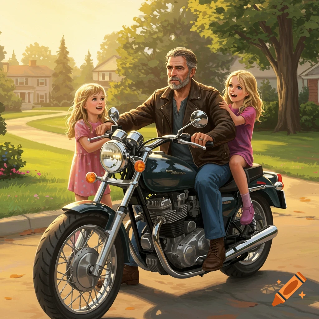 A father sits on a motorcycle with his two young blonde daughters in a sunny suburban neighborhood.
