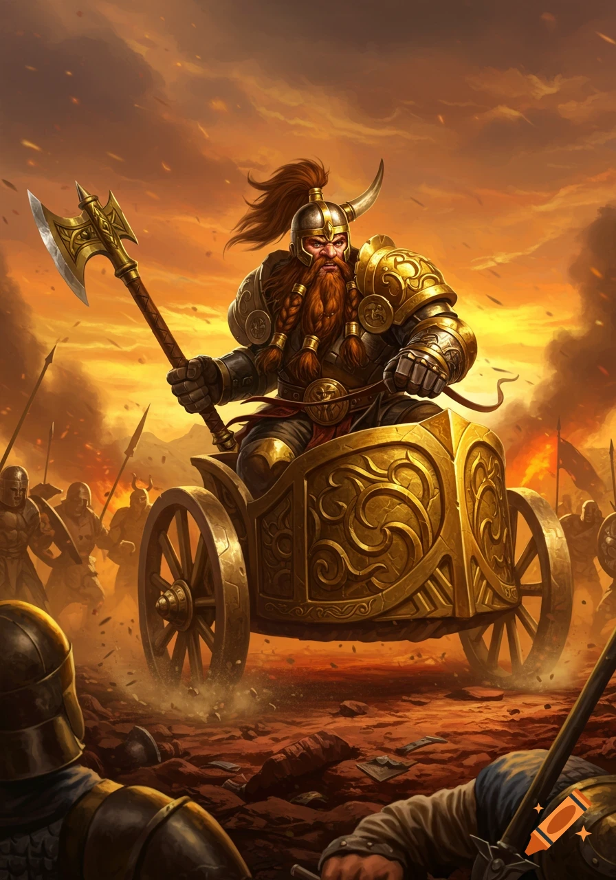 A heavily armored, bearded dwarf warrior with a golden axe rides a gold chariot into a fiery battle scene.