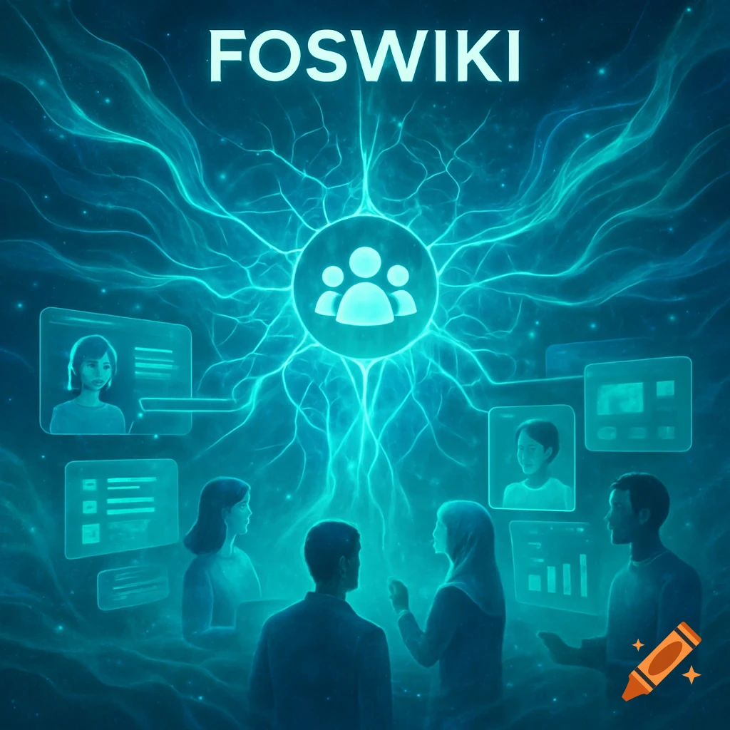 FOSWIKI logo above people interacting with glowing blue digital network and interfaces.