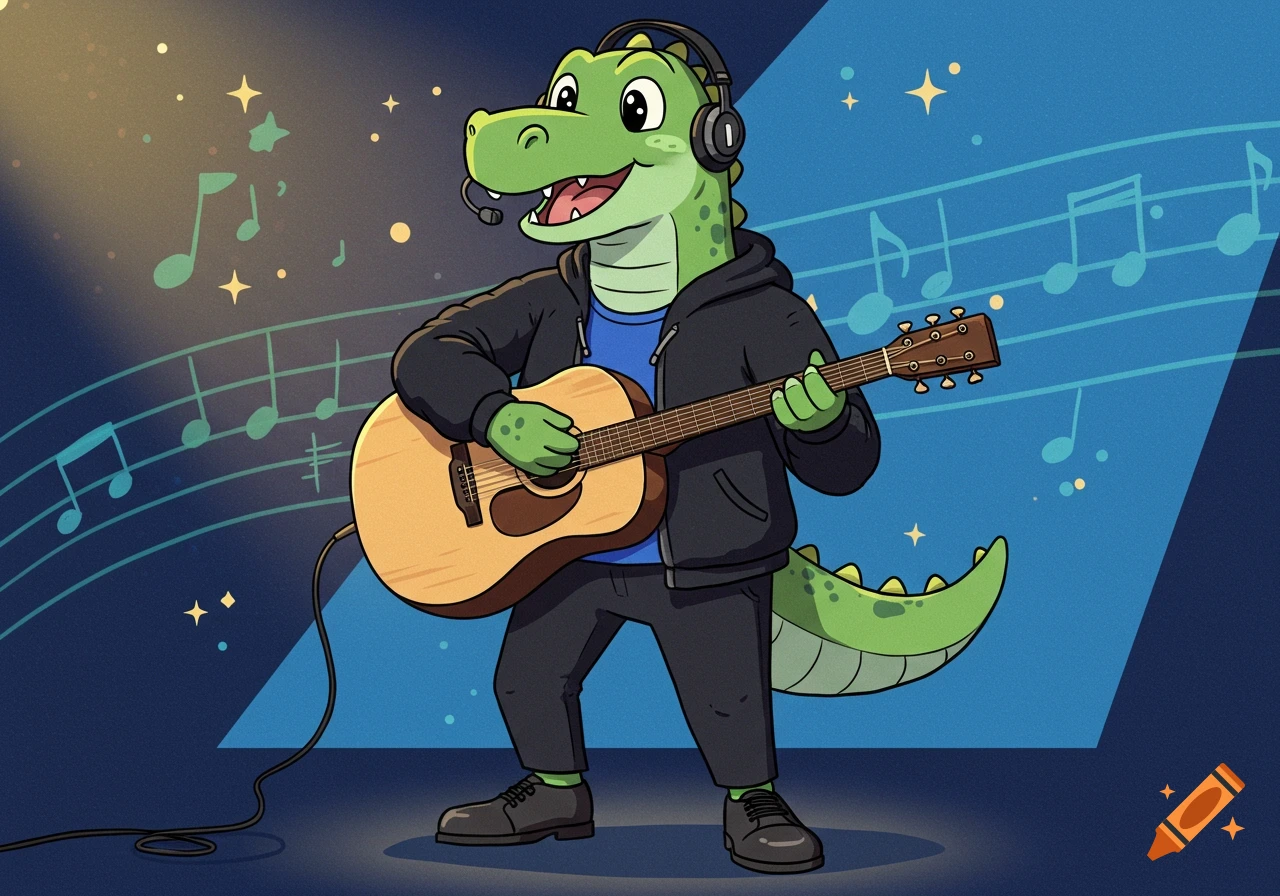 A friendly green cartoon dinosaur in a hoodie and headphones plays an acoustic guitar on a stage with musical notes.