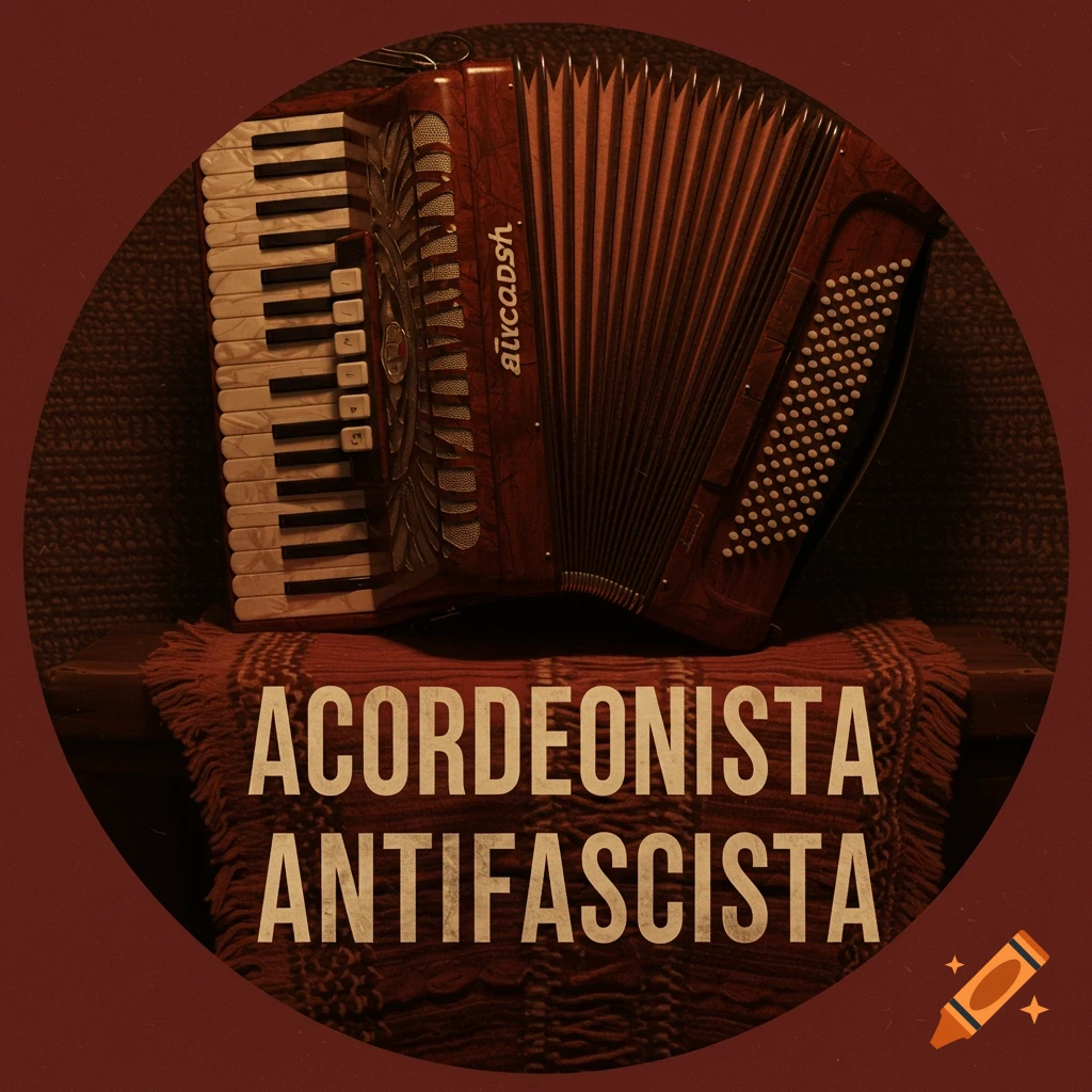 A stylized illustration of a brown accordion on a textured cloth, framed by a dark red circle. Below the accordion are the words "ACORDEONISTA ANTIFASCISTA" in bold white text.