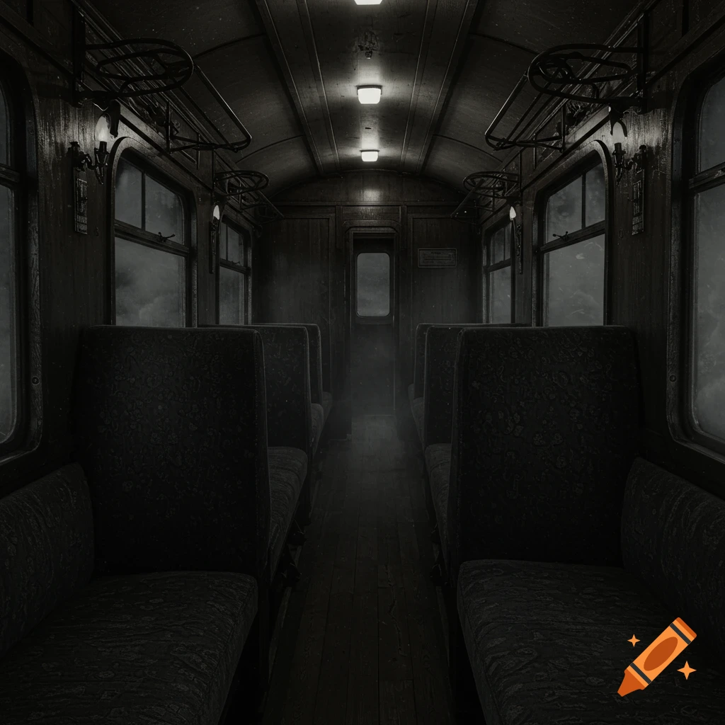 Dark and moody interior of an empty, old train carriage with dimly lit lamps and worn seats.