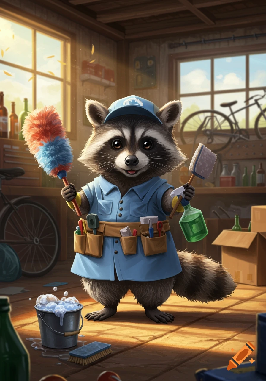 A cute cartoon raccoon wearing a blue cleaner's uniform and cap, holding a duster and spray bottle in a rustic shed.