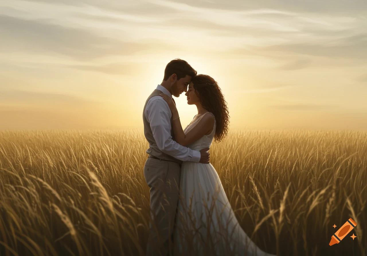 Romantic cinematic shot of a couple embracing in a golden wheat field at sunset.