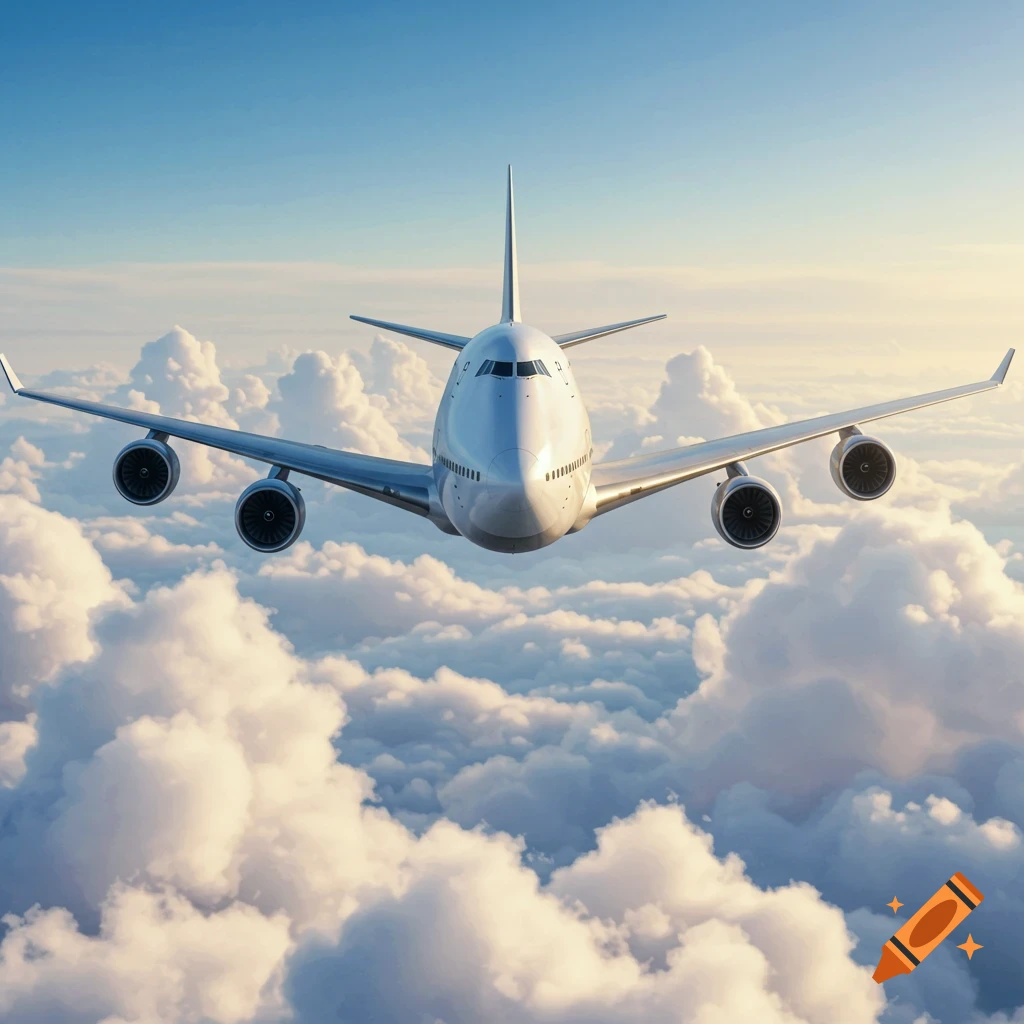 A white Boeing 747 8 airplane flies directly towards the viewer above fluffy white clouds under a clear blue sky with a golden horizon.